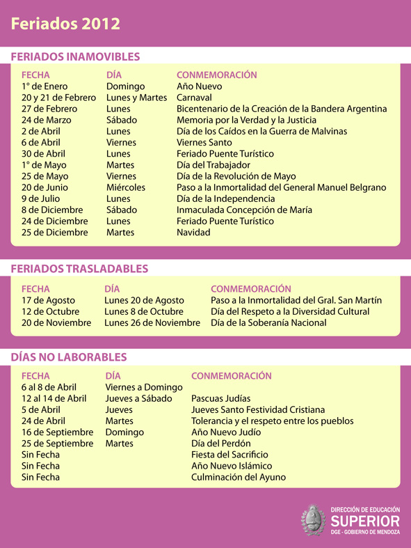 Calendario de Feriados 2012